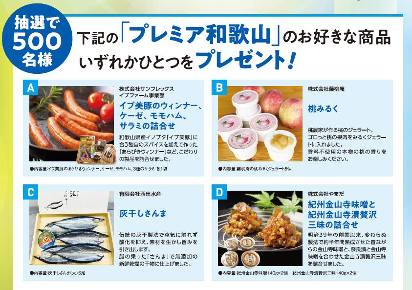 抽選で500名様　「プレミア和歌山」のお好きな商品いずれかひとつをプレゼント！